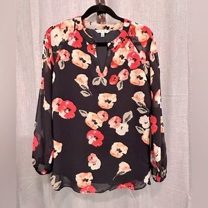 CAbi pull over tunic style blouse, chiffon, navy snd pink - S